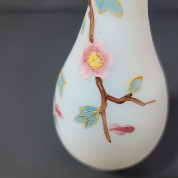 Frosted Glass Bud Face Hand Painted Pink And Blue Flowers on Branch 6" Vintage - Picture 4 of 8